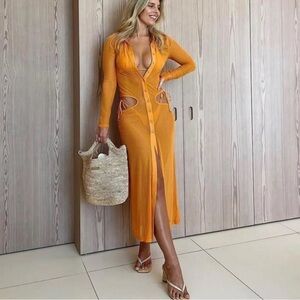 Cabo Casual Slim Fit See Through Cut-Out Long Sleeves Coverup Midi Dress.